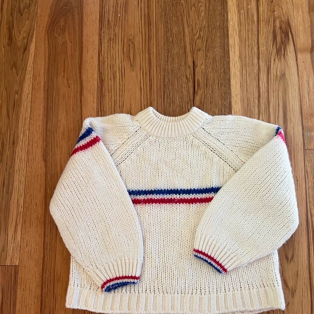 Vintage Cream Knit Sweater with Red and Blue Stripes